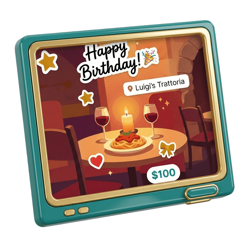 A personalized trovy gift card with a photo, a birthday message and stickers