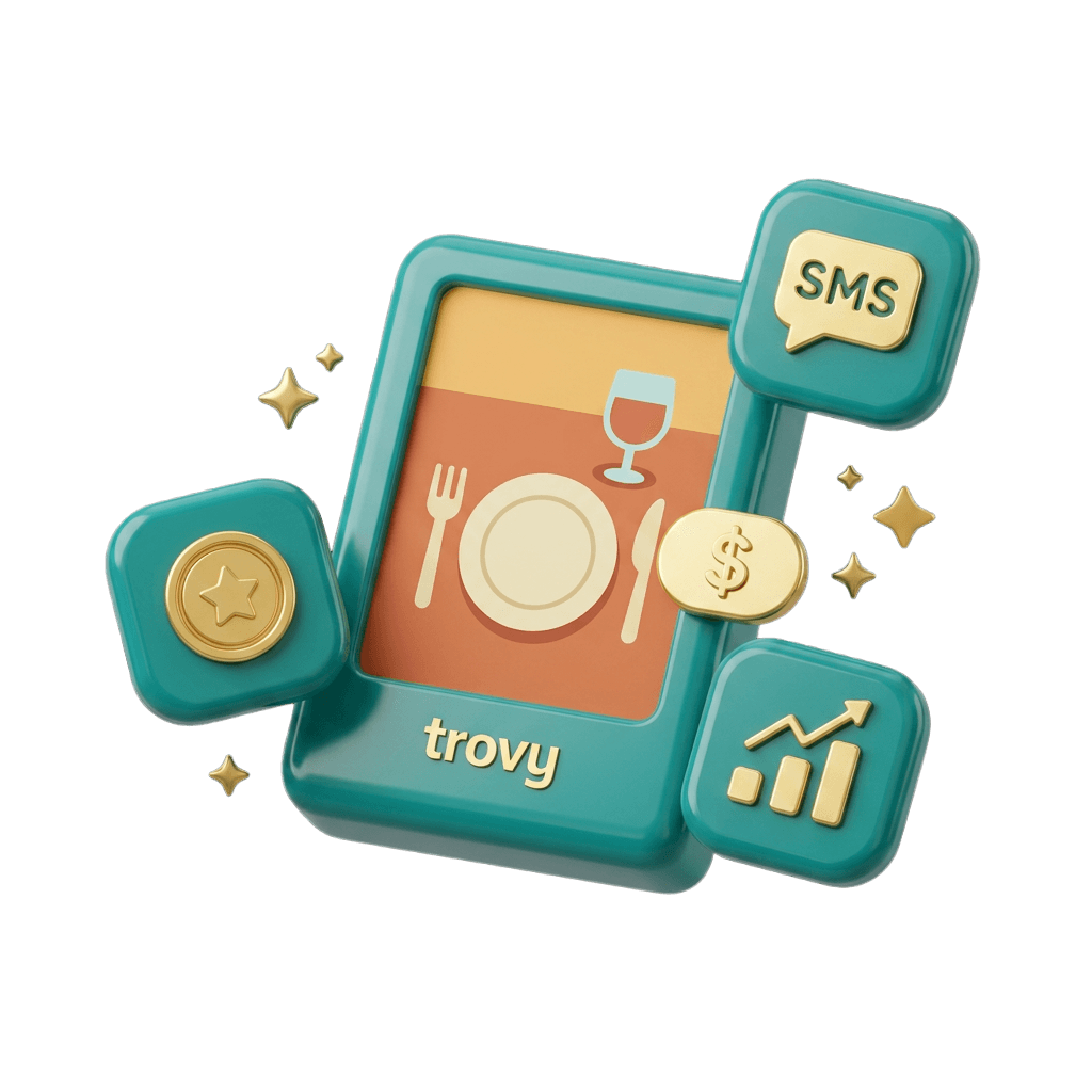 A trovy gift card at the center of the wider trovy loyalty platform — rewards and SMS