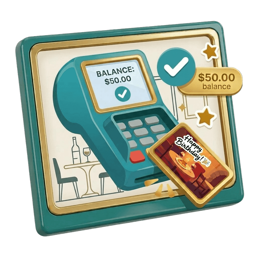 A trovy gift card being redeemed at a POS terminal showing the remaining balance