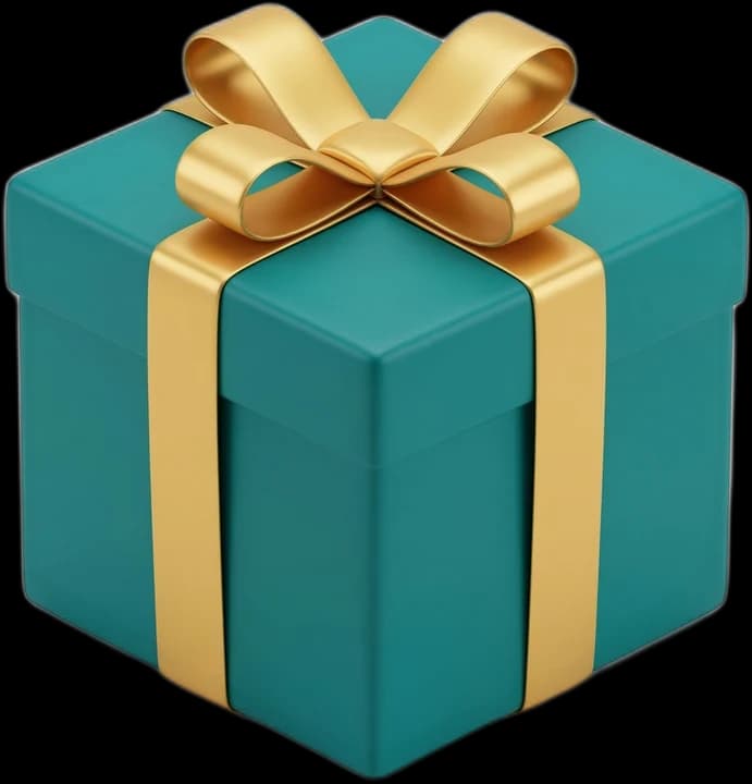 A teal gift box tied with a gold ribbon and bow