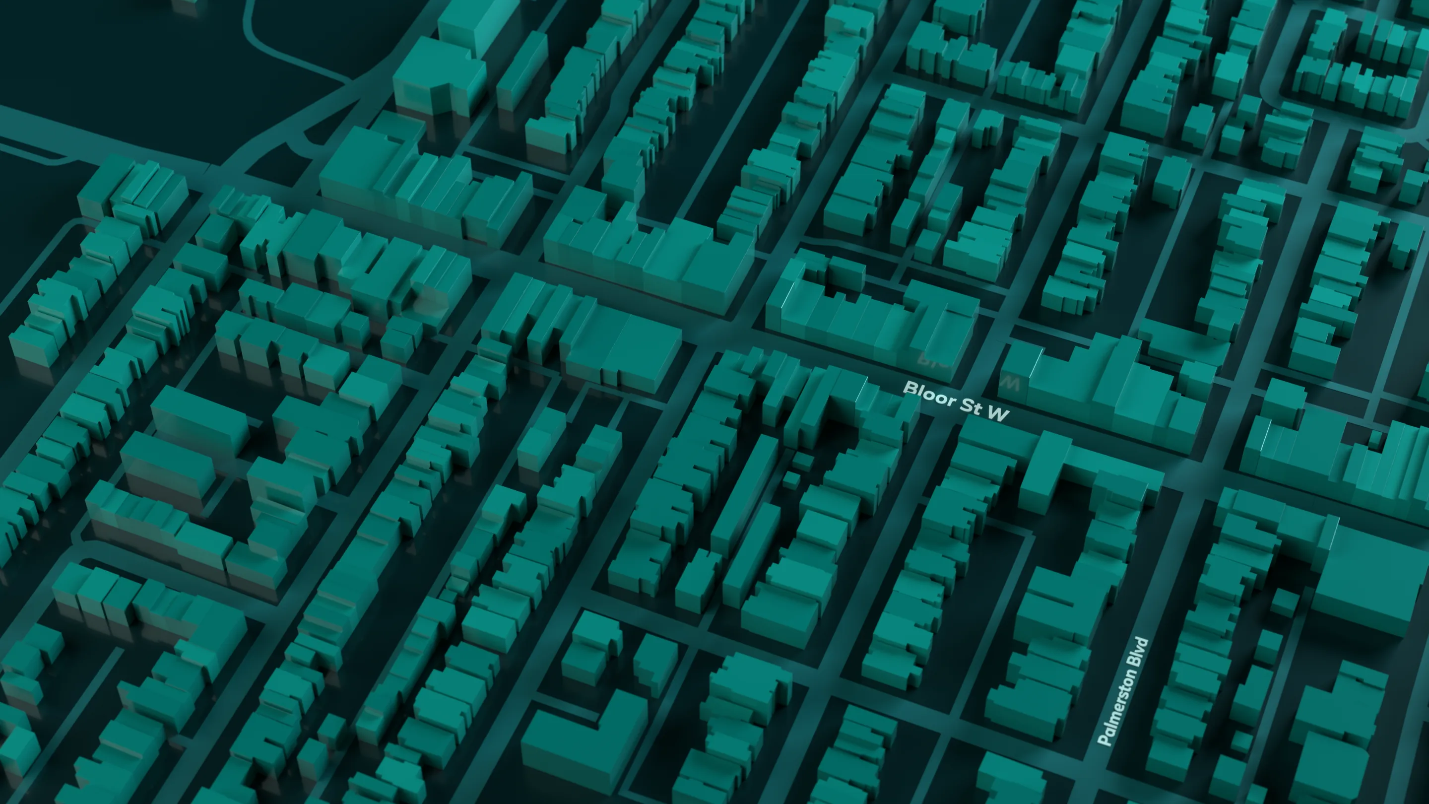 A 3D map of Bloor St W at night, the blocks in teal. Six shops along the street are lit gold.